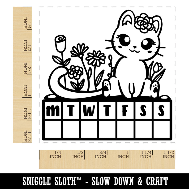 Weekly Habit Tracker Cat and Flowers Monday Start Self-Inking Rubber Stamp Ink Stamper