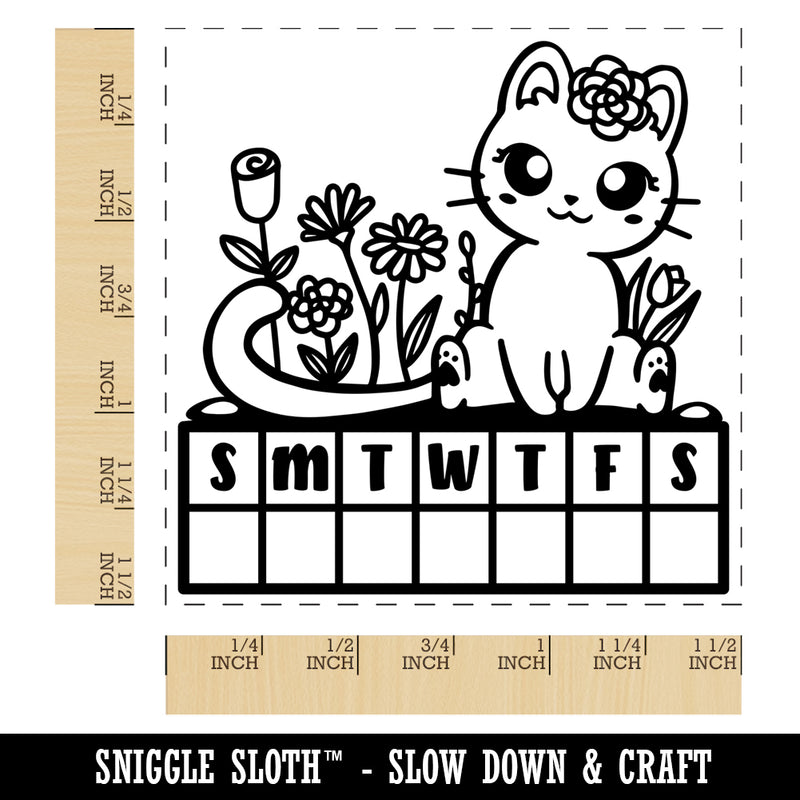 Weekly Habit Tracker Cat and Flowers Sunday Start Self-Inking Rubber Stamp Ink Stamper