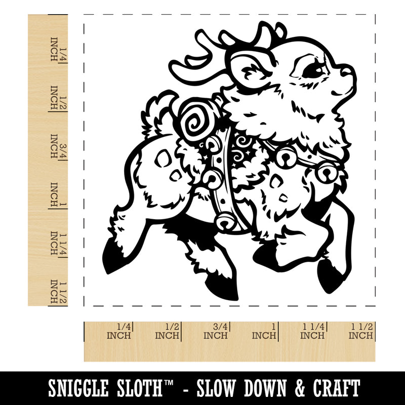 Festive Prancing Holiday Christmas Reindeer with Bells Self-Inking Rubber Stamp Ink Stamper