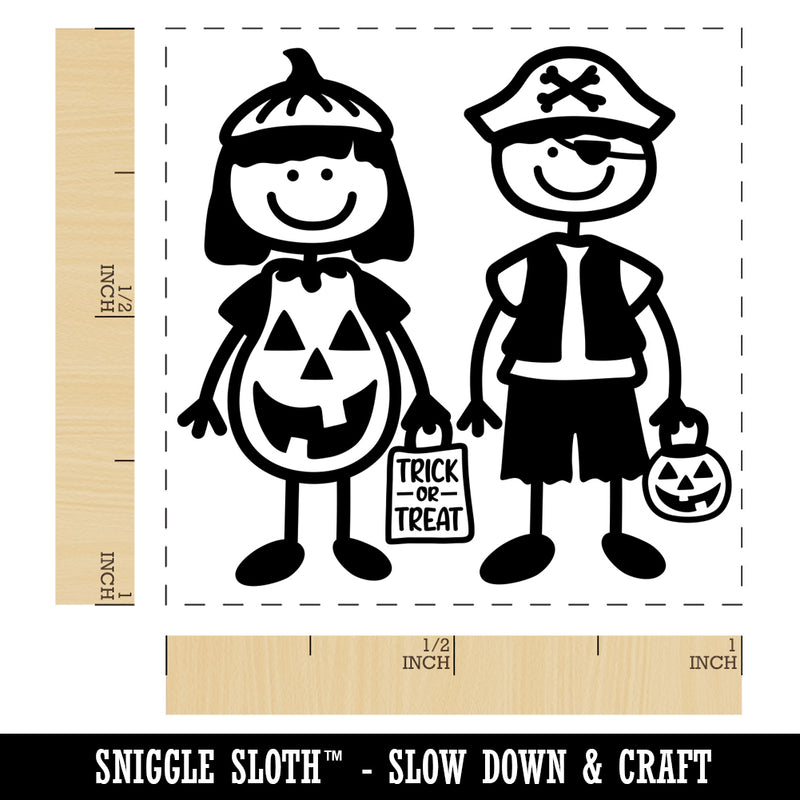 Stick Figure Halloween Trick Or Treaters Kids Self-Inking Rubber Stamp Ink Stamper