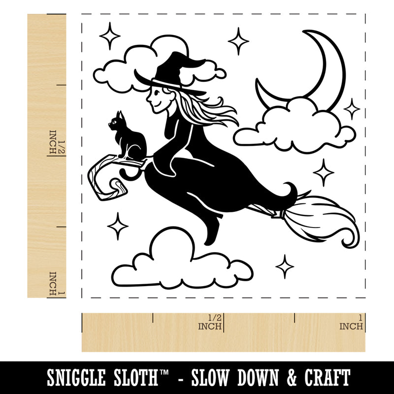 Witch on Broom with Black Cat Halloween Self-Inking Rubber Stamp Ink Stamper