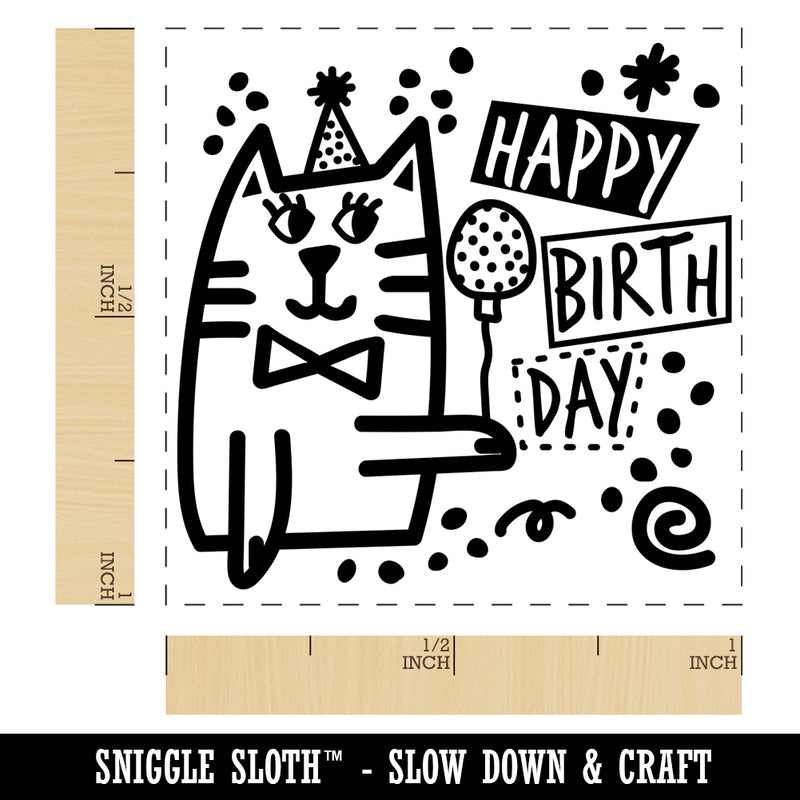 Happy Birthday Cat with Hat and Balloon Self-Inking Rubber Stamp Ink Stamper