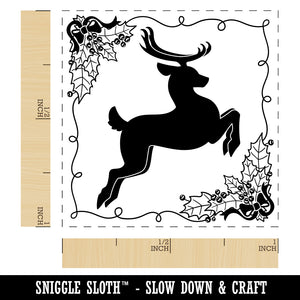 Flying Reindeer with Holly Border Christmas Self-Inking Rubber Stamp Ink Stamper