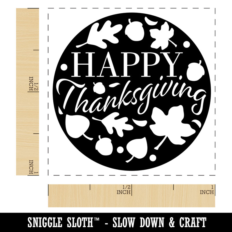 Happy Thanksgiving Circle with Fall Leaves and Acorns Self-Inking Rubber Stamp Ink Stamper