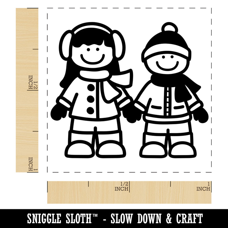 Stick Figure Winter Kids Self-Inking Rubber Stamp Ink Stamper