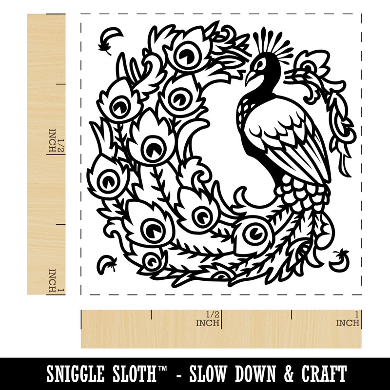 Elegant Peacock with Flowing Tail Feathers Self-Inking Rubber Stamp Ink Stamper