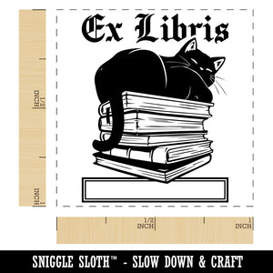 Ex Libris Cat on Stack of Books Reading Self-Inking Rubber Stamp Ink Stamper