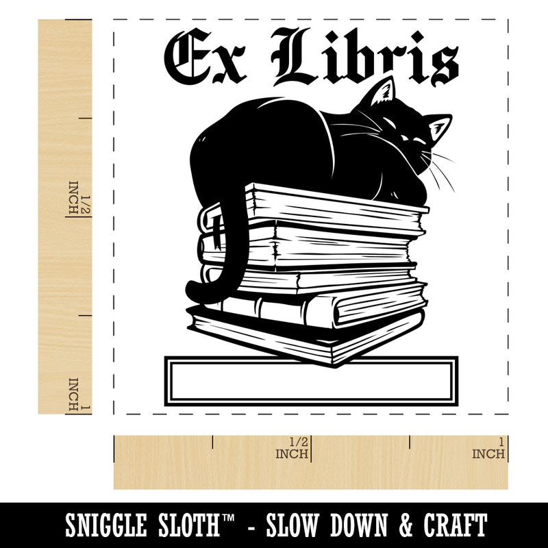 Ex Libris Cat on Stack of Books Reading Self-Inking Rubber Stamp Ink Stamper