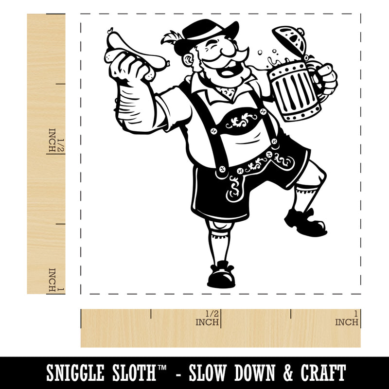 Jolly Bavarian Man in Lederhosen with Beer Stein and Sausage Self-Inking Rubber Stamp Ink Stamper