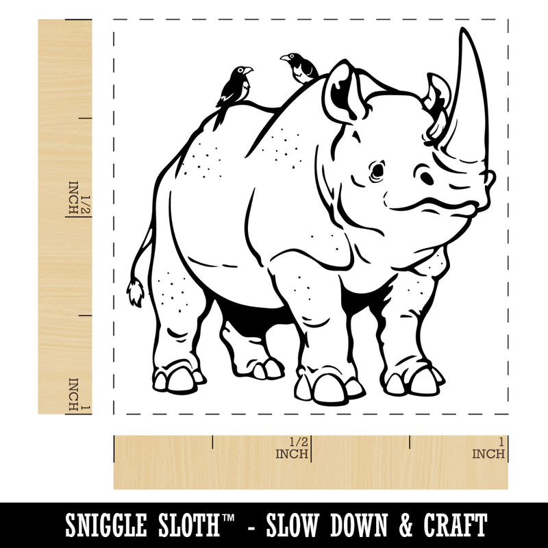 Jolly White Rhinoceros with Bird Friends Self-Inking Rubber Stamp Ink Stamper