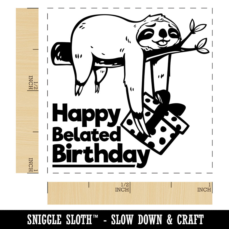 Happy Belated Birthday Sloth Friend with Present Self-Inking Rubber Stamp Ink Stamper