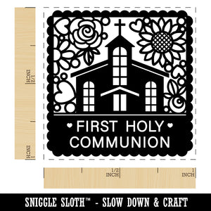 First Holy Communion Cute Chapel with Floral Scalloped Border Self-Inking Rubber Stamp Ink Stamper