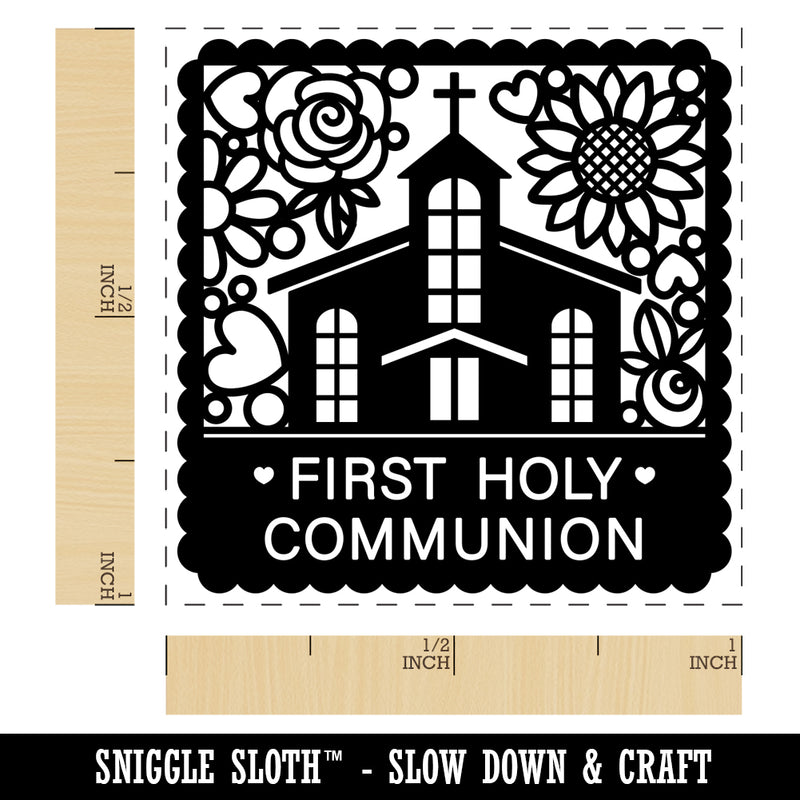 First Holy Communion Cute Chapel with Floral Scalloped Border Self-Inking Rubber Stamp Ink Stamper