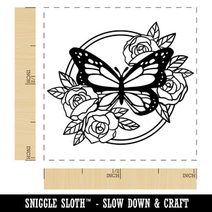 Monarch Butterfly with Roses in Circle Frame Self-Inking Rubber Stamp Ink Stamper