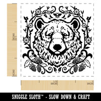 Floral Black Bear Head with Flowers and Blackberries Self-Inking Rubber Stamp Ink Stamper