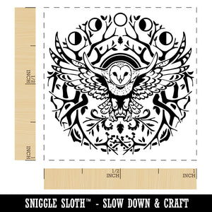 Intricate Barn Owl with Wreath of Branches and Moon Phases Self-Inking Rubber Stamp Ink Stamper