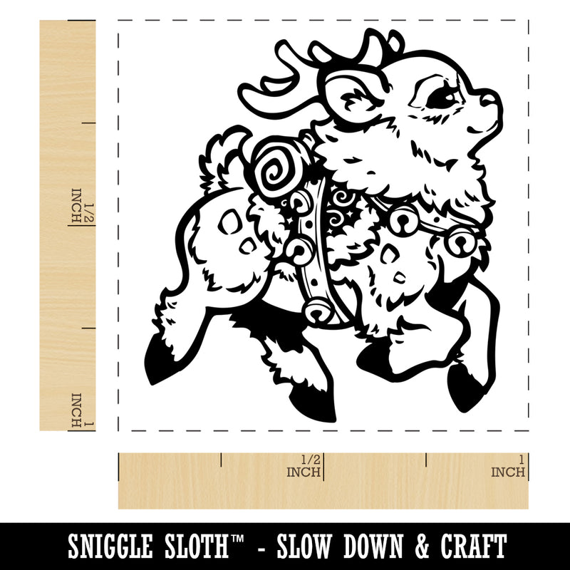 Festive Prancing Holiday Christmas Reindeer with Bells Self-Inking Rubber Stamp Ink Stamper