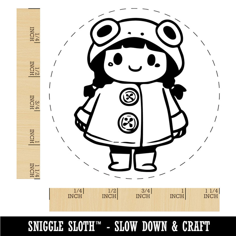 Cute Girl in Frog Raincoat Rainboots Winter Weather Rubber Stamp for Stamping Crafting Planners