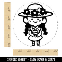 Cute Girl with Easter Egg and Sun Hat and Braids Rubber Stamp for Stamping