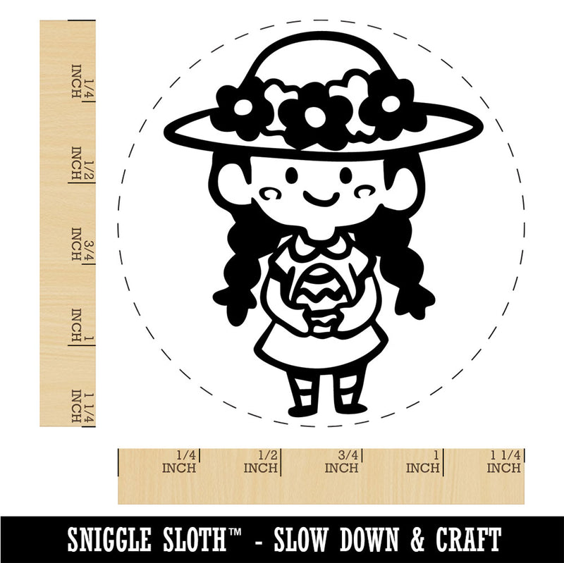 Cute Girl with Easter Egg and Sun Hat and Braids Rubber Stamp for Stamping