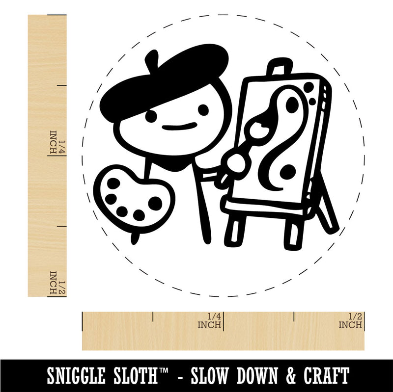 Cartoon Artist Painter with Easel Palette Painting Beret Rubber Stamp