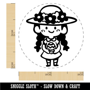 Cute Girl with Easter Egg and Sun Hat and Braids Rubber Stamp for Stamping