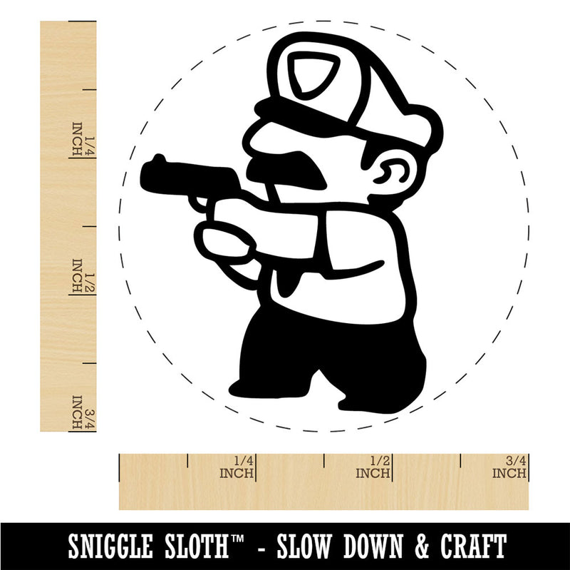Cartoon Police Officer Cop Guard Pointing Gun Rubber Stamp for Stamping