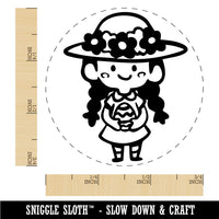 Cute Girl with Easter Egg and Sun Hat and Braids Rubber Stamp for Stamping