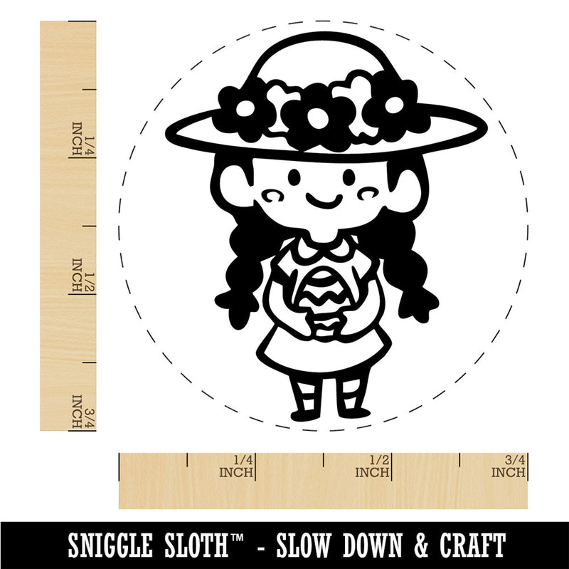Cute Girl with Easter Egg and Sun Hat and Braids Rubber Stamp for Stamping