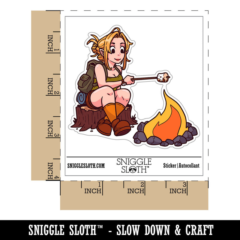 Cute Camper Girl Roasting Marshmallows Camping Fire Waterproof Vinyl Phone Tablet Laptop Water Bottle Car Window Bumper Decal Sticker Set - 5 Pack