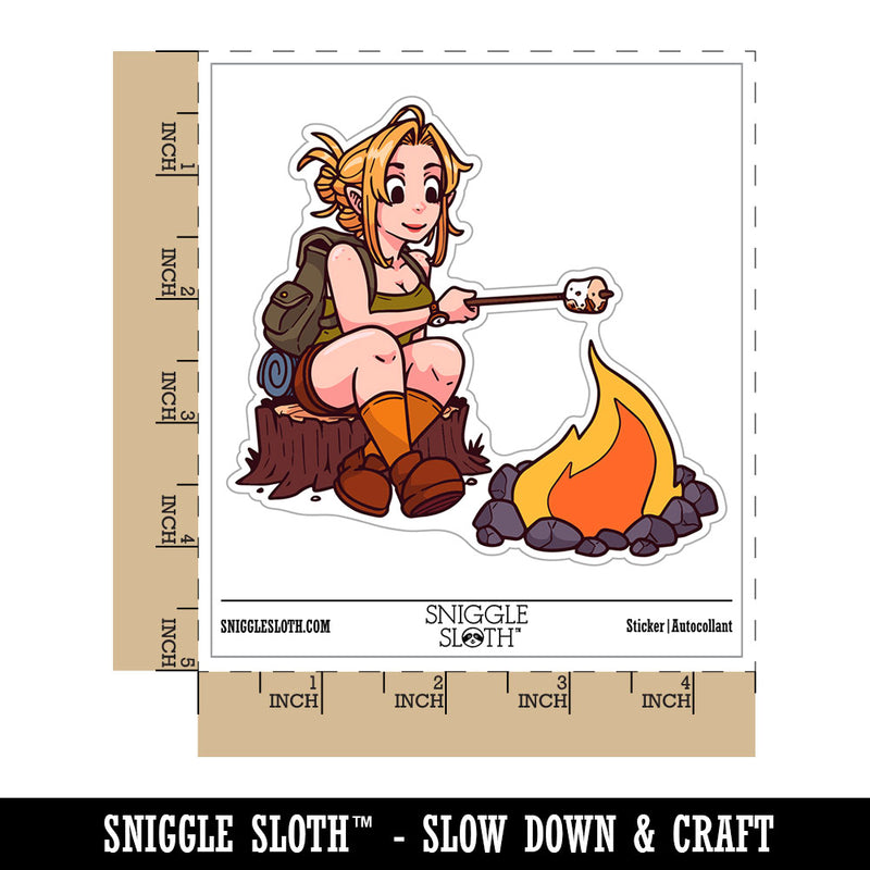 Cute Camper Girl Roasting Marshmallows Camping Fire Waterproof Vinyl Phone Tablet Laptop Water Bottle Car Window Bumper Decal Sticker Set - 5 Pack