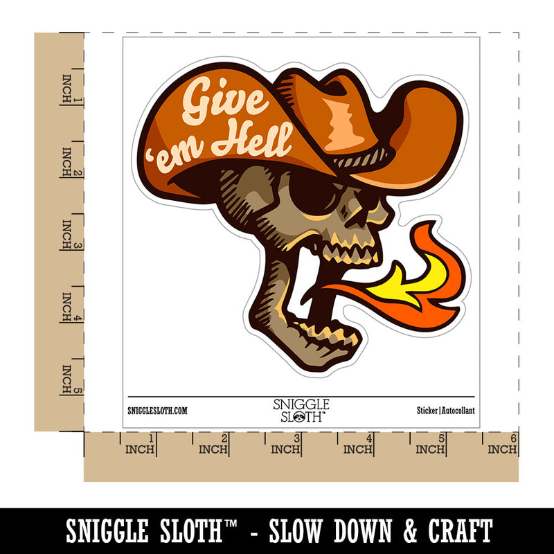 Give 'Em Hell Cowboy Hat Skull Breathing Fire Waterproof Vinyl Phone Tablet Laptop Water Bottle Car Window Bumper Decal Sticker Set - 5 Pack