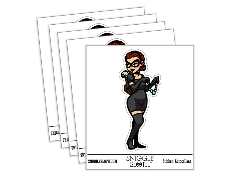 Water Bottle Sticker Set Cat Burglar Thief Woman Stealing Necklace Cute Waterproof Vinyl Stickers Pack Decal, Skateboard, Laptop, Car, Window, Bumper - 5 Pack