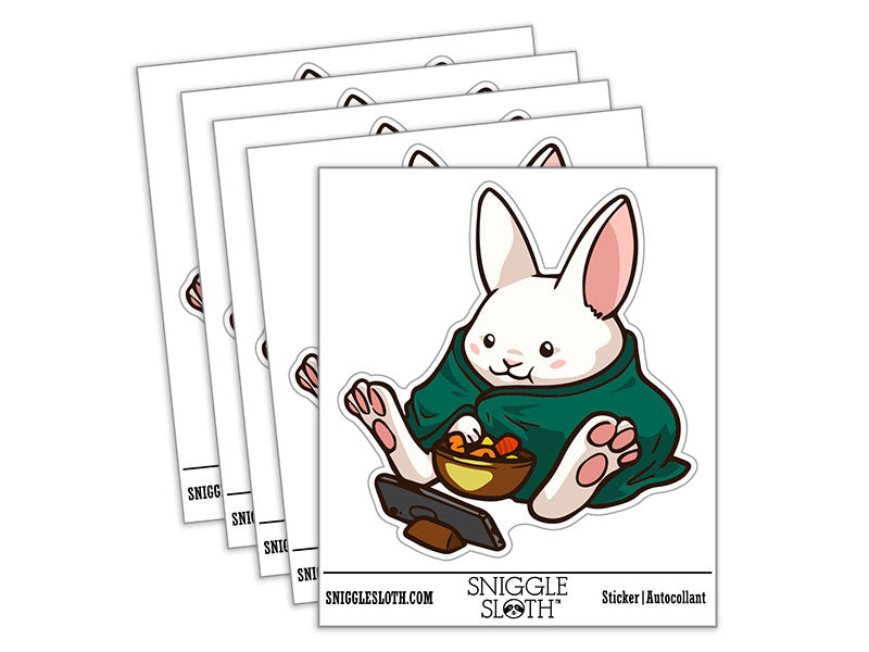 Water Bottle Sticker Set Cozy Bunny Rabbit Eating Snacks Watching Shows Cute Waterproof Vinyl Stickers Pack Decal, Skateboard, Laptop, Car, Window, Bumper - 5 Pack