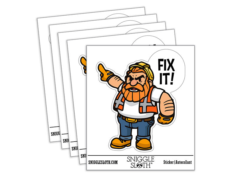 Water Bottle Sticker Set Fix It Grumpy Construction Worker Builder Cute Waterproof Vinyl Stickers Pack Decal, Skateboard, Laptop, Car, Window, Bumper - 5 Pack