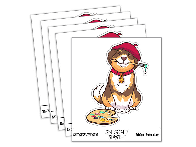 Water Bottle Sticker Set Painter Dog Artist Paintbrush Palette Cute Waterproof Vinyl Stickers Pack Decal, Skateboard, Laptop, Car, Window, Bumper - 5 Pack