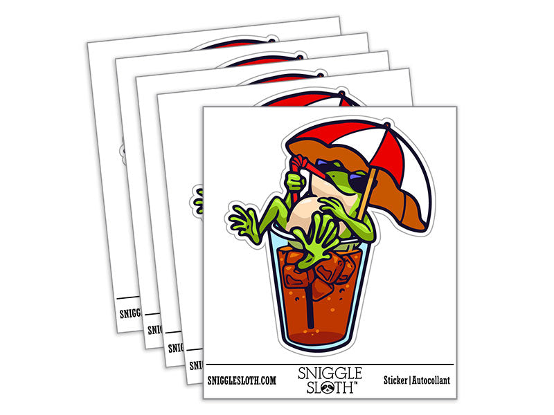 Water Bottle Sticker Set Vacation Frog Sitting In Drink Under Umbrella Cute Waterproof Vinyl Stickers Pack Decal, Skateboard, Laptop, Car, Window, Bumper - 5 Pack