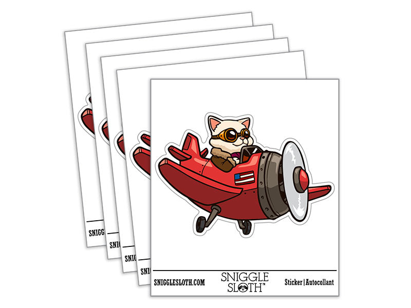 Cartoon Airplane Cat Pilot Aircraft Waterproof Vinyl Phone Tablet Laptop Water Bottle Car Window Bumper Decal Sticker Set - 5 Pack