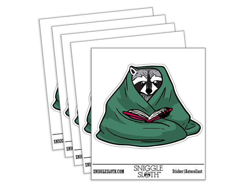 Cozy Raccoon Reading Book In Blanket Waterproof Vinyl Phone Tablet Laptop Water Bottle Car Window Bumper Decal Sticker Set - 5 Pack