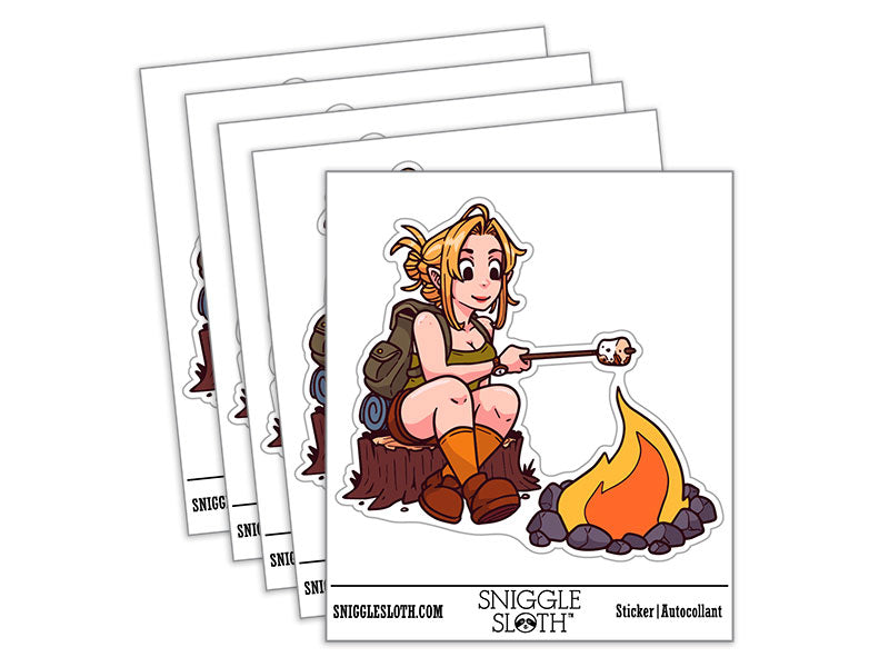 Cute Camper Girl Roasting Marshmallows Camping Fire Waterproof Vinyl Phone Tablet Laptop Water Bottle Car Window Bumper Decal Sticker Set - 5 Pack