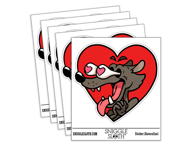 Enamored Infatuated Cartoon Wolf Heart Popping Eyes Waterproof Vinyl Phone Tablet Laptop Water Bottle Car Window Bumper Decal Sticker Set - 5 Pack
