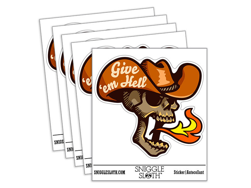 Give 'Em Hell Cowboy Hat Skull Breathing Fire Waterproof Vinyl Phone Tablet Laptop Water Bottle Car Window Bumper Decal Sticker Set - 5 Pack