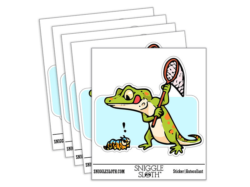 Hungry Lizard Hunting Caterpillar with Net Waterproof Vinyl Phone Tablet Laptop Water Bottle Car Window Bumper Decal Sticker Set - 5 Pack
