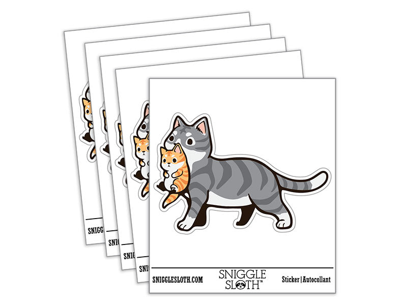 Mother Tabby Cat Carrying Kitten Waterproof Vinyl Phone Tablet Laptop Water Bottle Car Window Bumper Decal Sticker Set - 5 Pack