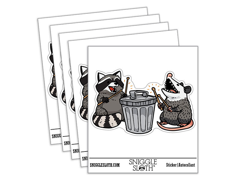 Raccoon and Opossum Drumming on Trash Can Waterproof Vinyl Phone Tablet Laptop Water Bottle Car Window Bumper Decal Sticker Set - 5 Pack