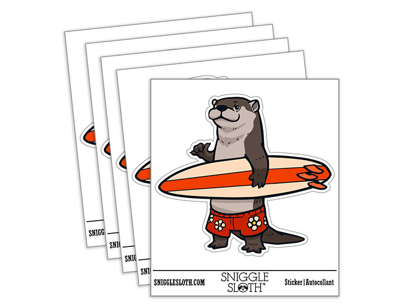 Surfer Otter with Surfboard Shaka Hand Waterproof Vinyl Phone Tablet Laptop Water Bottle Car Window Bumper Decal Sticker Set - 5 Pack