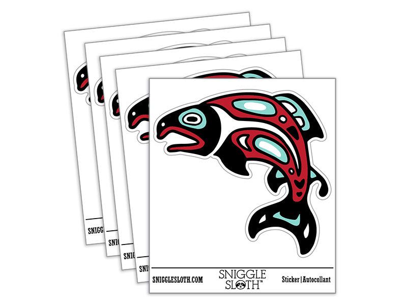 Tribal Native American Salmon Fish Totem Waterproof Vinyl Phone Tablet Laptop Water Bottle Car Window Bumper Decal Sticker Set - 5 Pack