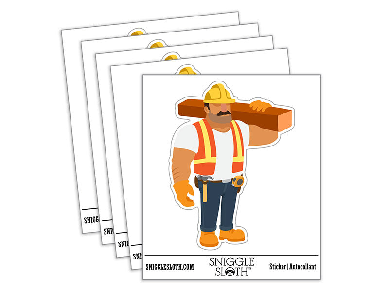 Construction Worker Builder Man with Wooden Beam