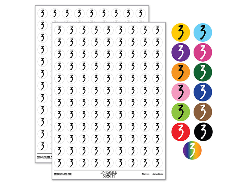 Number 3 Three Felt Marker Font 200+ 0.50" Round Stickers