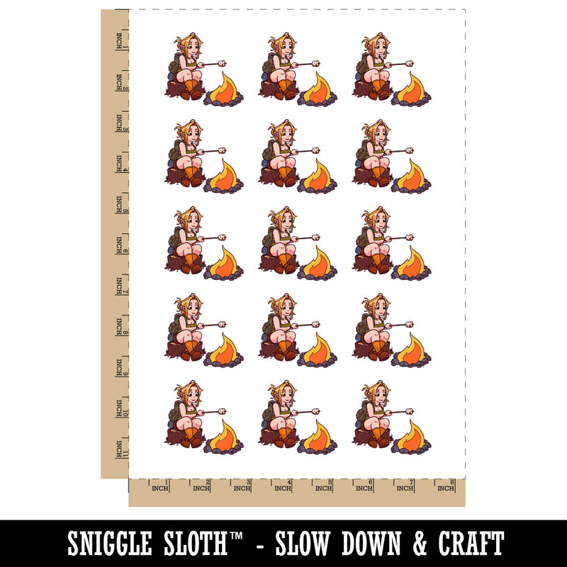 Cute Camper Girl Roasting Marshmallows Camping Fire Temporary Tattoo Water Resistant Fake Body Art Set Collection